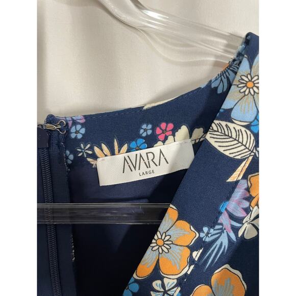 Avara Navy Blue Colorful Floral Print 3/4 Sleeve Midi Dress Ruffle Hem Large - Picture 2 of 5